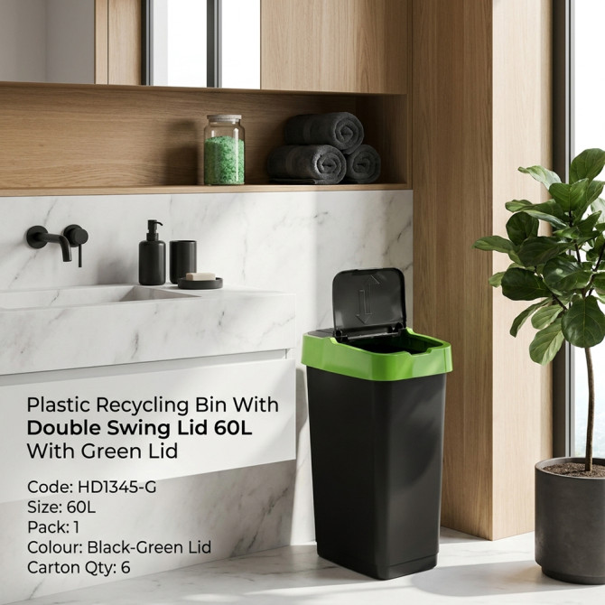 Plastic Recyling Bin With Double Swing Lid 60L With Green Lid BINS & BUCKETS image