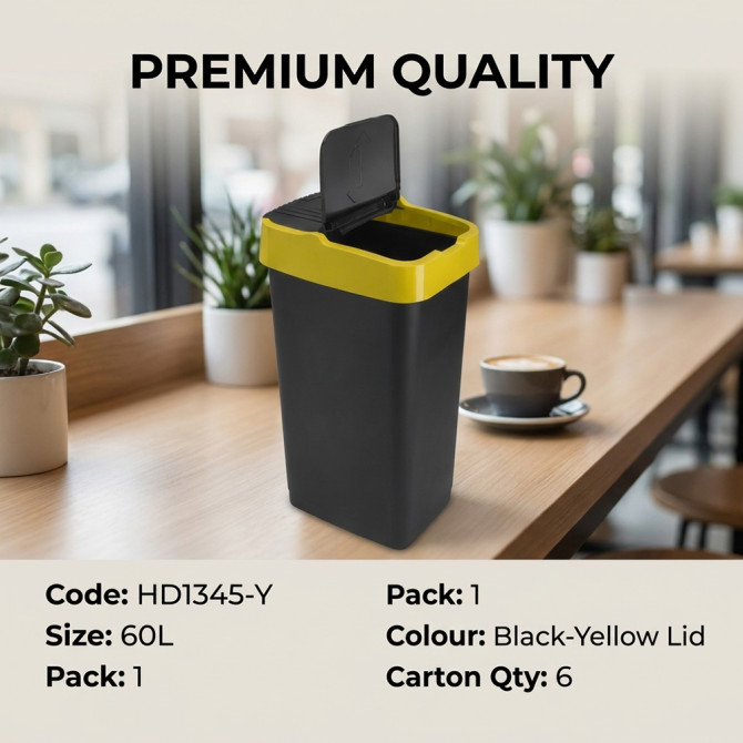 Plastic Recyling Bin With Double Swing Lid 60L With Yellow Lid BINS & BUCKETS image