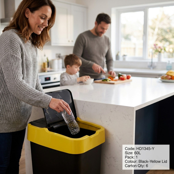 Plastic Recyling Bin With Double Swing Lid 60L With Yellow Lid BINS & BUCKETS image