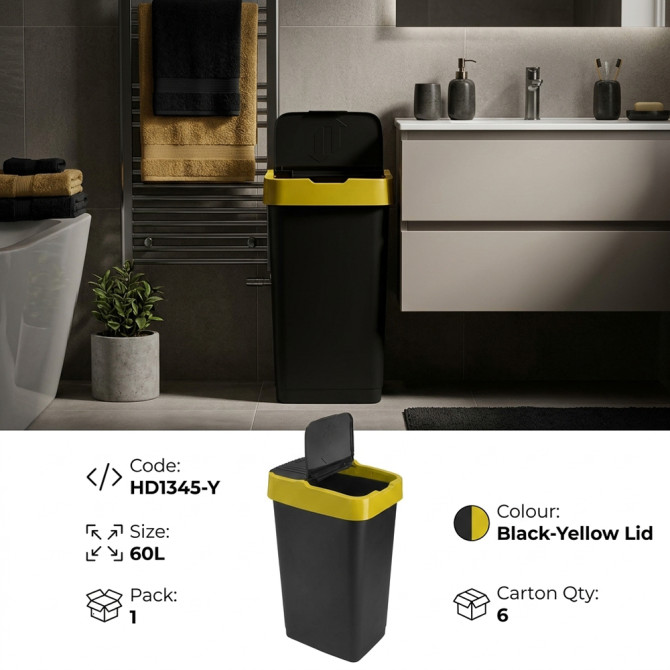 Plastic Recyling Bin With Double Swing Lid 60L With Yellow Lid BINS & BUCKETS image