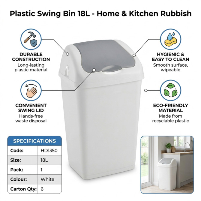 Plastic Swing Bin 18L for Home & Kitchen Rubbish image