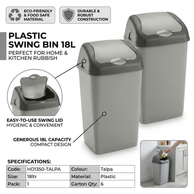Plastic Swing Bin 18L for Home & Kitchen Rubbish Bins & Buckets image