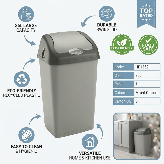 Plastic Swing Bin 35L for Home & Kitchen Rubbish BINS & BUCKETS image