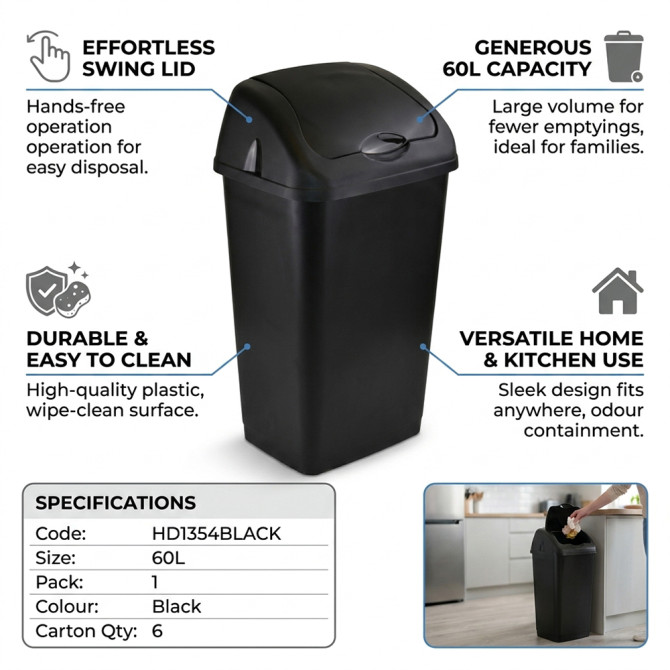 Plastic Swing Bin 60L for Home & Kitchen Rubbish BINS & BUCKETS image