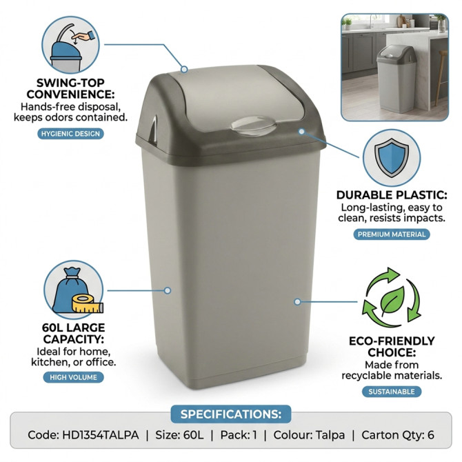 Plastic Swing Bin 60L for Home & Kitchen Rubbish BINS & BUCKETS image