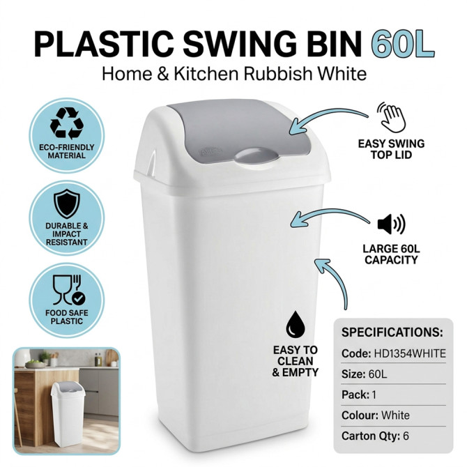 Plastic Swing Bin 60L for Home & Kitchen Rubbish BINS & BUCKETS image