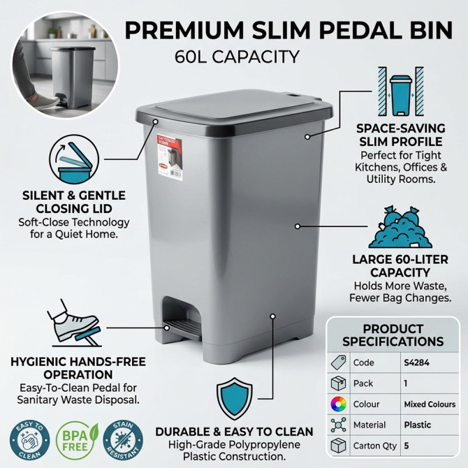 Slim Pedal Bin Plastic 60L BINS & BUCKETS image