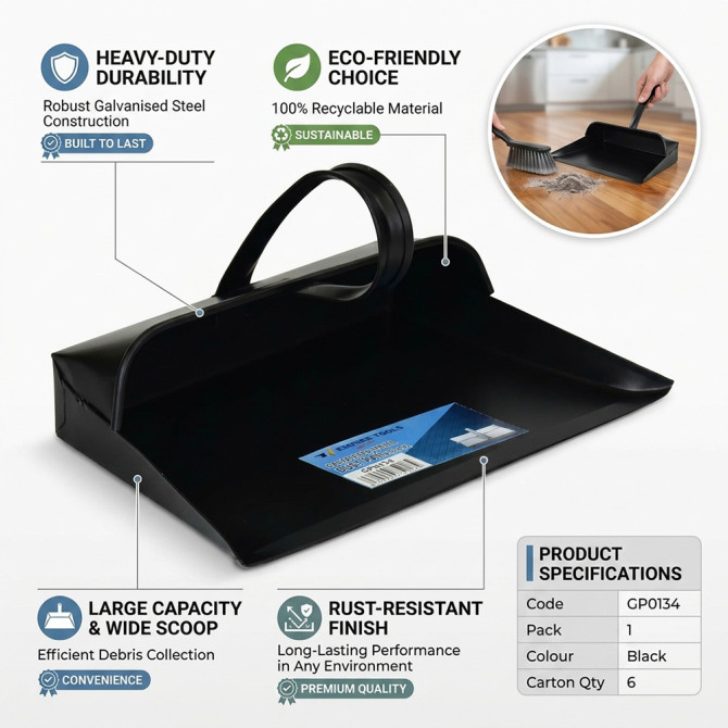 Black Galvanised Metal Dustpan