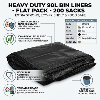 Bin Liner Heavy Duty Refuse Sacks Bin Bags Liners 90L 200 pack (76x96cm) FLAT PACK