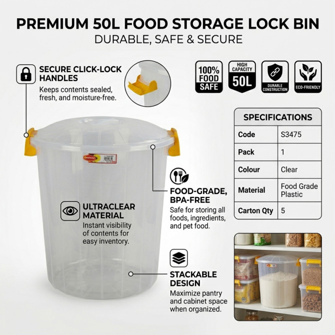 Food Storage Lock Bin Clear 50L COOKING TOOLS image