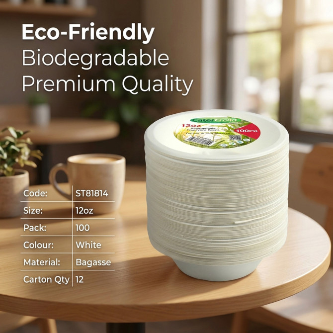 Biodegradeable Bagasse Bowls Recyclable 12oz 100 Pack DISPOSABLES, BAGASSE DISPOSABLE image
