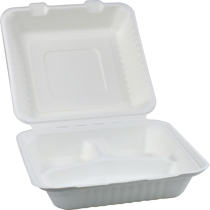 HorecaGold Sugarcane Clamshell 3CP Meal Box 9 DISPOSABLES, BAGASSE DISPOSABLE image