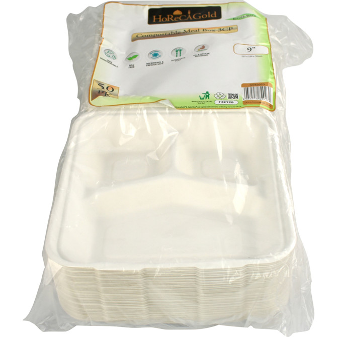 HorecaGold Sugarcane Clamshell 3CP Meal Box 9 DISPOSABLES, BAGASSE DISPOSABLE image