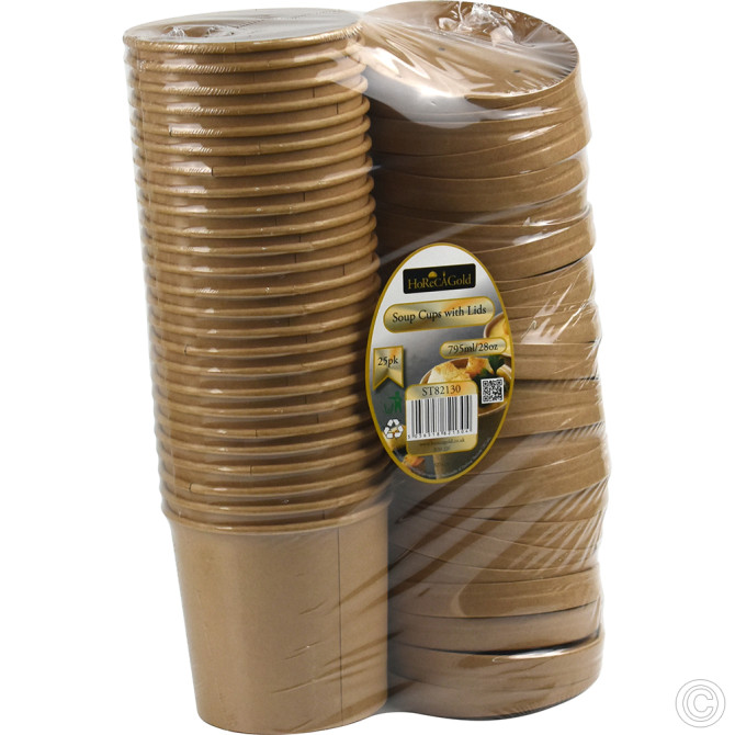 HorecaGold Paper Soup Cup With Lid Kraft 25pk 795ml/28oz DISPOSABLES image