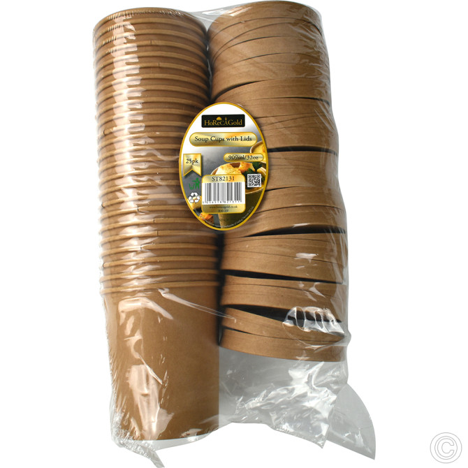HorecaGold Paper Soup Cup With Lid Kraft 25pk 909ml / 32oz DISPOSABLES image