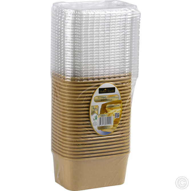 HorecaGold Rectangular Container With PET Lid Kraft 25pk 1000ml/35oz image