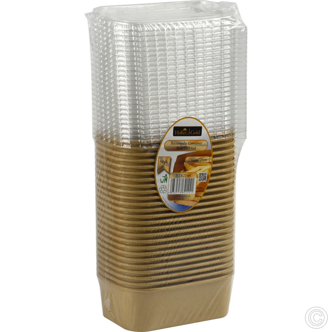 HorecaGold Rectangular Container With PET Lid Kraft 25pk 750ml/26oz DISPOSABLES image