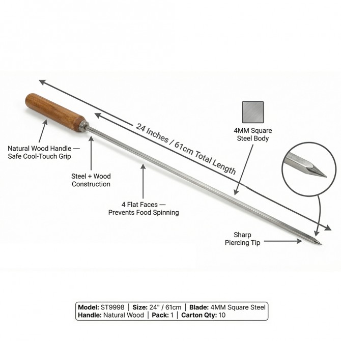 BBQ Skewer 24'' 4mm With Wood Handle BARBECUE image