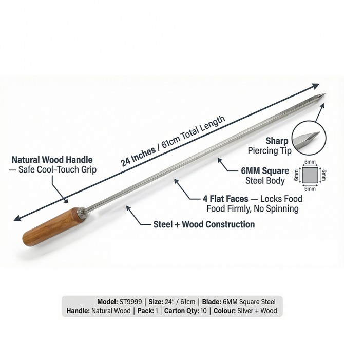 BBQ Skewer 24'' 6MM With Wood Handle BARBECUE image