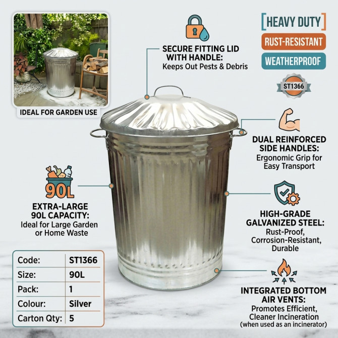 Galvanised Trash Bin Large 90L image