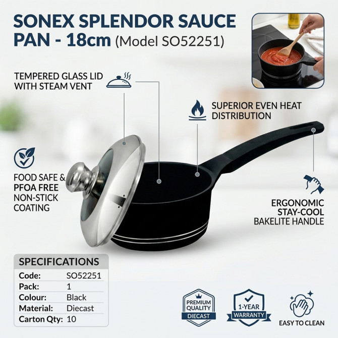 Sonex Splendor Sauce Pan Diecast 18cm NON STICK COOKWARE image