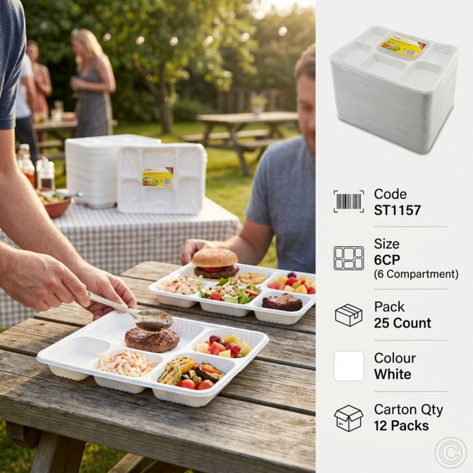 Recyclable Plastic Plates 6 Compartments 25pack PLASTIC DISPOSABLE image