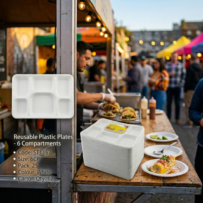 Recyclable Plastic Plates 6 Compartments 25pack PLASTIC DISPOSABLE image