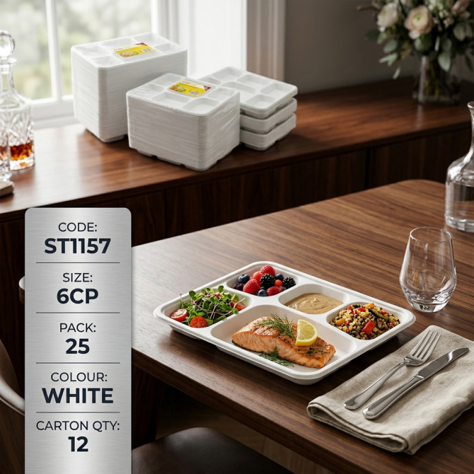 Recyclable Plastic Plates 6 Compartments 25pack PLASTIC DISPOSABLE image