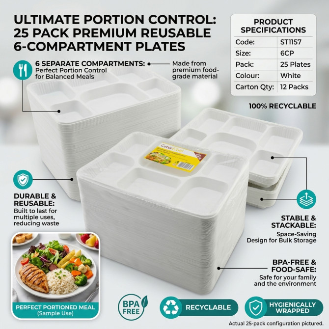 Recyclable Plastic Plates 6 Compartments 25pack PLASTIC DISPOSABLE image