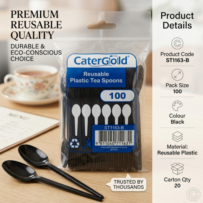 Reusable Plastic Tea Spoon 100 Pack Black image