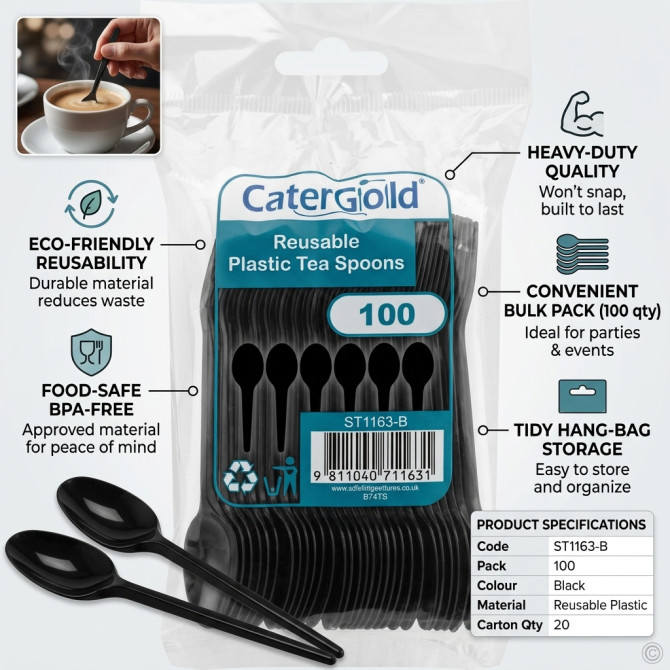 Reusable Plastic Tea Spoon 100 Pack Black image