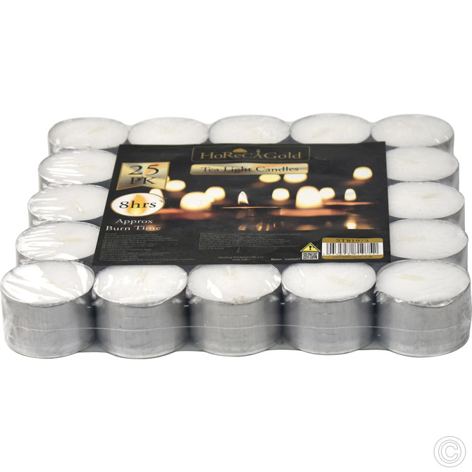 HorecaGold Tea Light Candles White 25pack (8 HRS Burn Time ) image