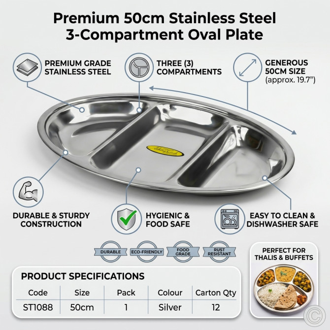 Stainless Steel Oval Plate 3 Compartment 50cm image