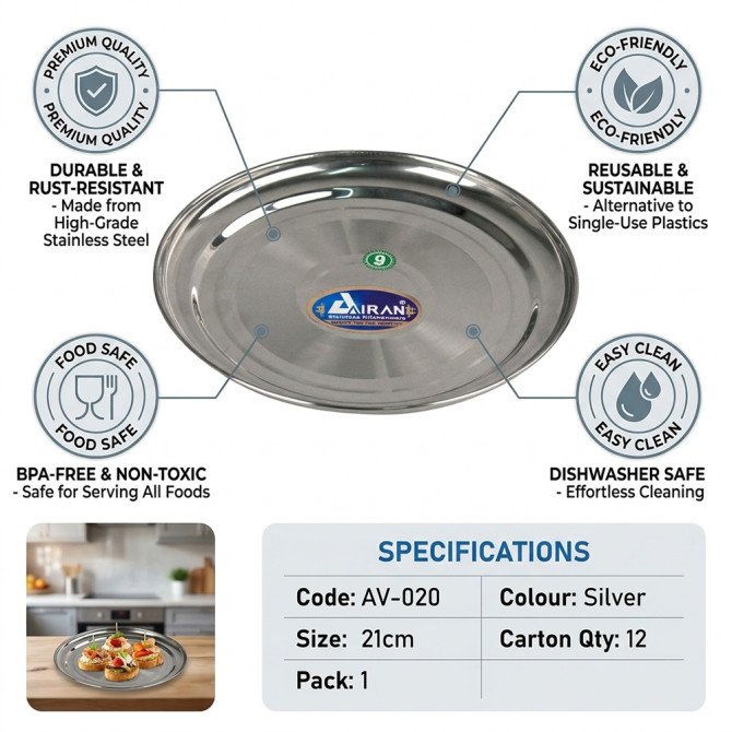 Stainless Steel Round Serving Plate Tray 21cm SERVEWARE, SERVEWARE image