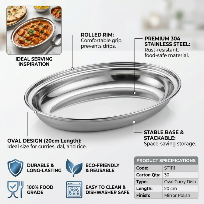 Stainless Steel Oval Curry Dish 20cm SERVEWARE, SERVEWARE image