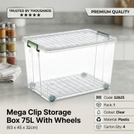 Mega Clip Storage Box 75L With Wheels 63 x 45 x 32cm