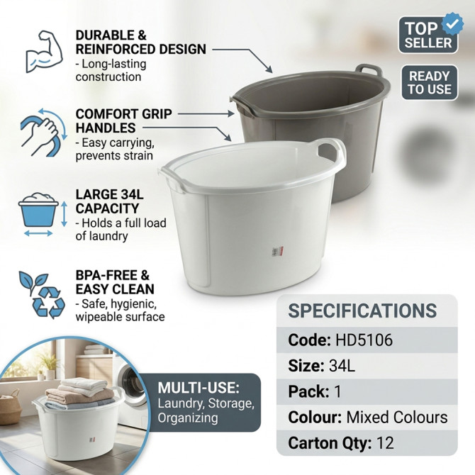 Oval Plastic Laundry Basket Hamper With Grip Handles image