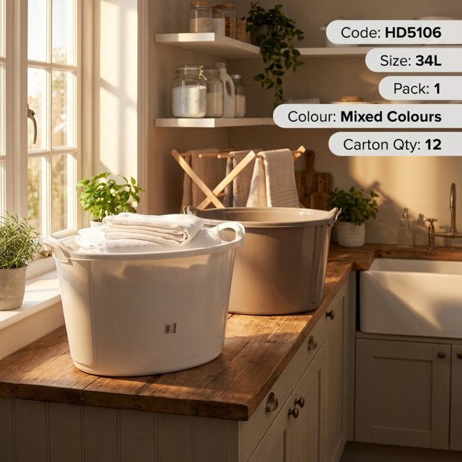 Oval Plastic Laundry Basket Hamper With Grip Handles image