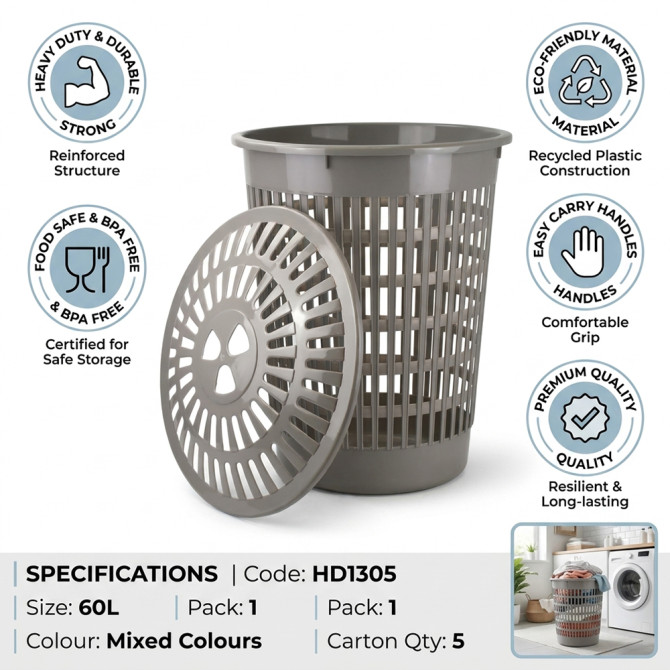 Plastic Round Laundry Basket Hamper 60L image
