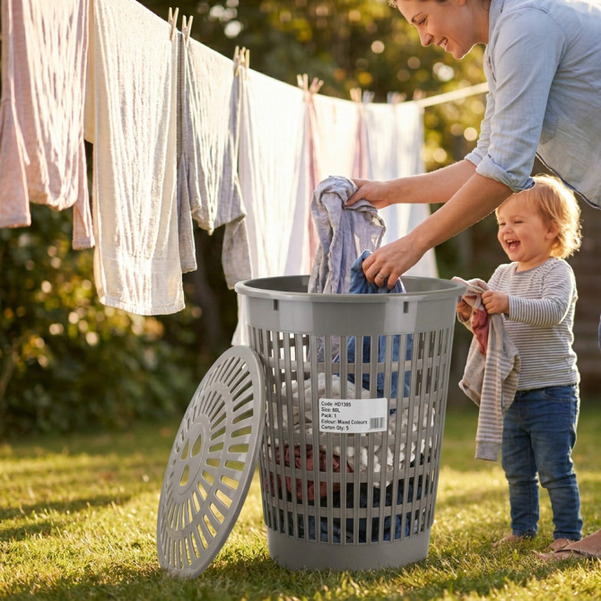 Plastic Round Laundry Basket Hamper 60L image