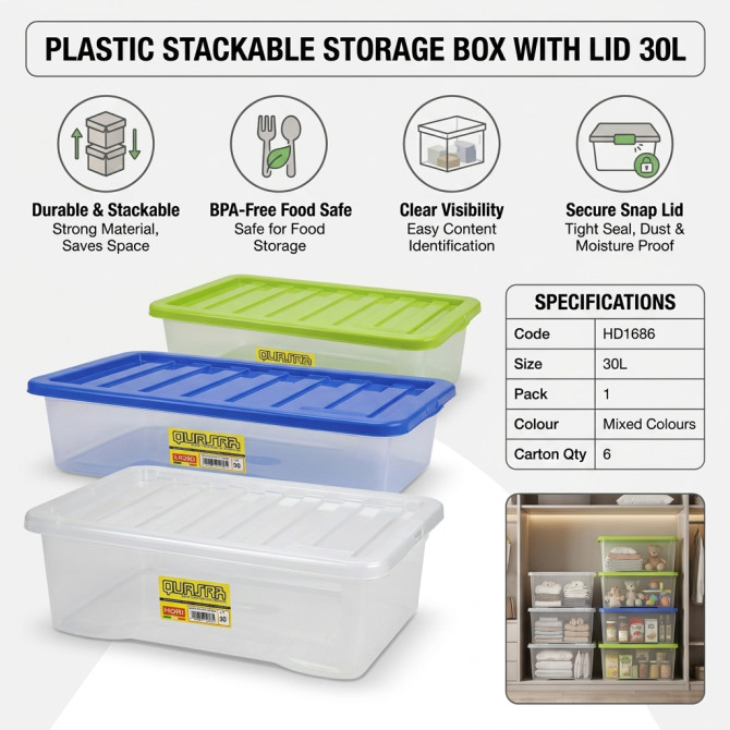Plastic Stackable Storage Box With Lid 30L image