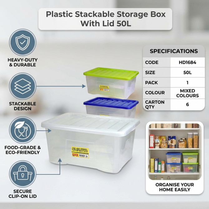 Plastic Stackable Storage Box With Lid 50L image