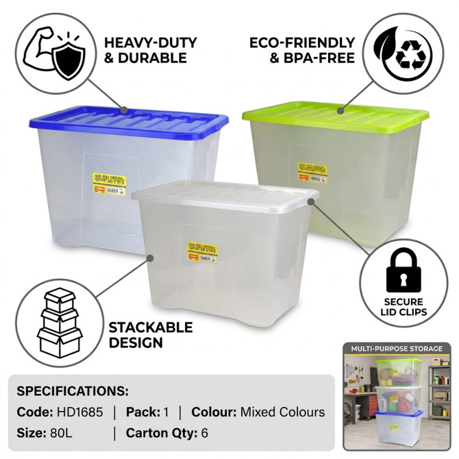 Plastic Stackable Storage Box With Lid 80L image