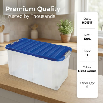 Plastic Storage Box With Clip Lid & Wheels 100L