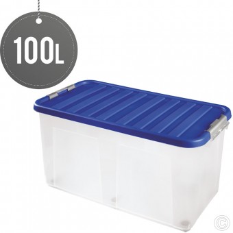 Plastic Storage Box With Clip Lid & Wheels 100L