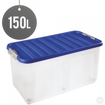 Plastic Storage Box With Clip Lid & Wheels 150L
