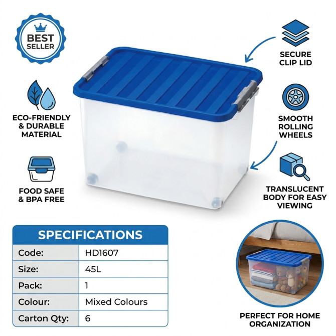 Plastic Storage Box With Clip Lid & Wheels 45L 52x36x34cm STORAGE & ORGANISATION image
