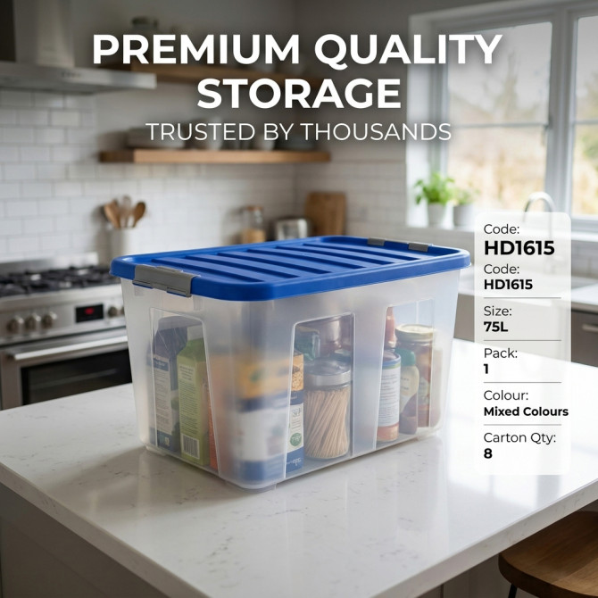 Plastic Storage Box With Clip Lid & Wheels 75L image