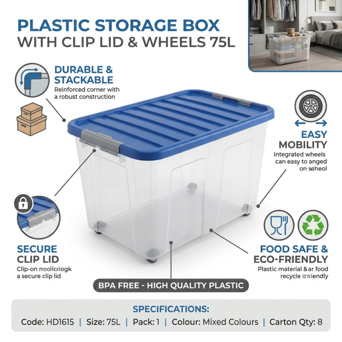 Plastic Storage Box With Clip Lid & Wheels 75L image