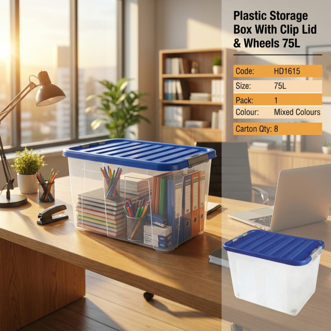 Plastic Storage Box With Clip Lid & Wheels 75L image